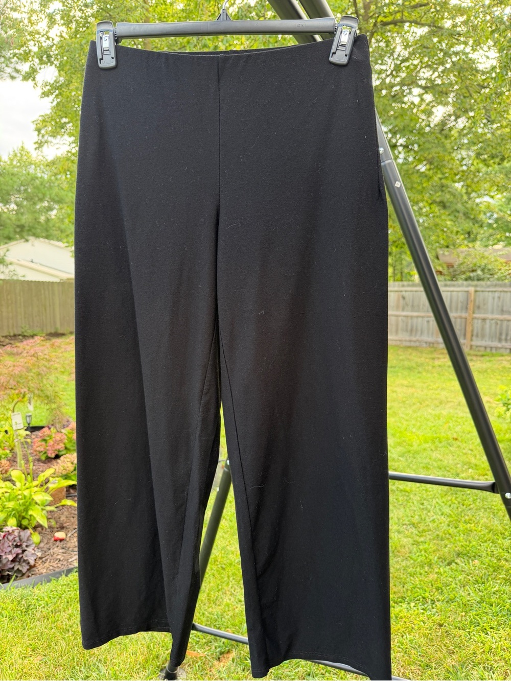 Eileen Fisher Small Black Viscose Stretch Wide Leg Pants Elastic Waist Cropped